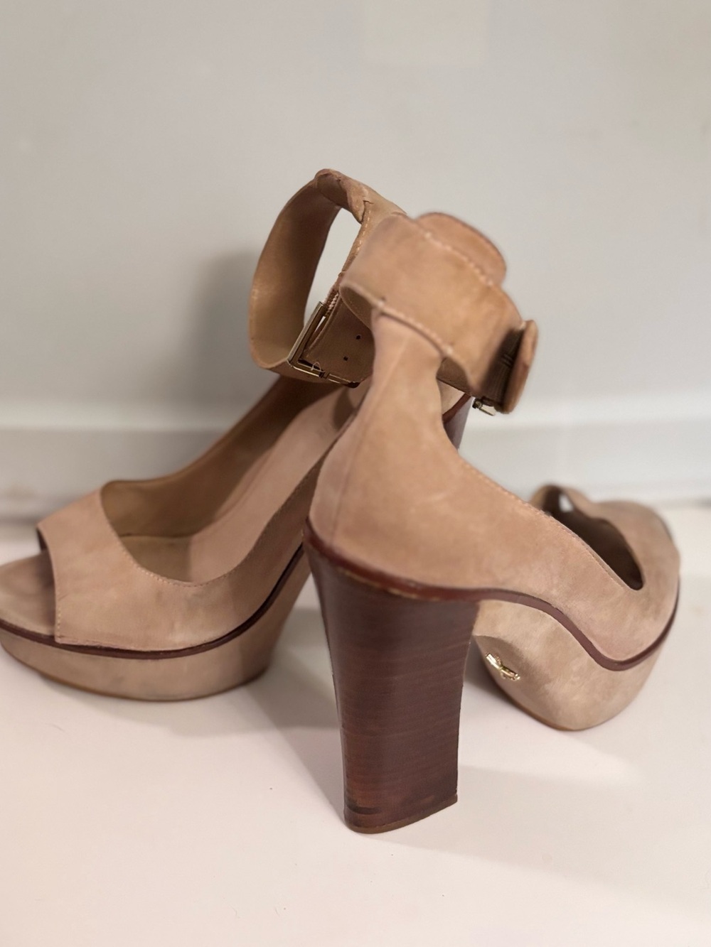 Pour La Victoire Beige Suede Platform Ankle-Strap Heels